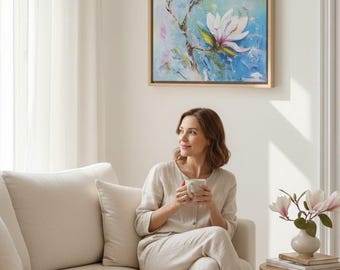 Magnolie, dipinto a mano con colori acrilici, splendido. Consigliato per una cornice scura o una parete blu scuro. Perfetto come regalo.