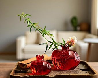 Vaso a forma di melagrana in vetro rosso / Mini vaso idroponico, decorazione con frutta portafortuna, piccolo vaso da tavolo per fiori, complemento d'arredo unico