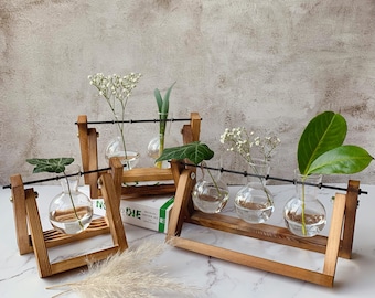 Holz & Glas Pflanzenvermehrungsstation | Blumenvasenständer, Hydrokulturvase, minimalistisches Wohndekor
