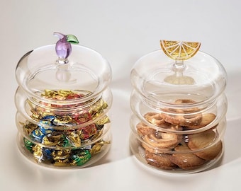 Glass Candy Jar with Fruit Lid | Aesthetic Snack Storage Container, Clear Cookie Jar, Decorative Kitchen Storage