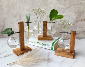 Set di stazione di propagazione per piante in legno e vetro / Supporto per vaso idroponico, decorazione minimalista per piante da interno, regalo per gli amanti delle piante