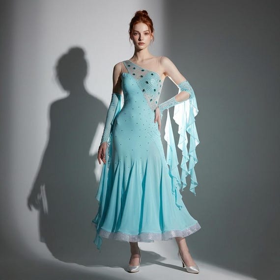 blue dress waltz Aqua Chiffon Ballroom Dance Dress, Rhinestone Competition Gown, Ruffle Sleeve Performance Wear Loewe Asymmetric Shirt Dress Perfectly crafted for competition Size:M/12 - (UK 12/US 8/EU 40) wedding dresses for photography