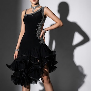 Custom Latin Dress for Tango Chacha Women Girls Black Competition Costume Pageant Gown
