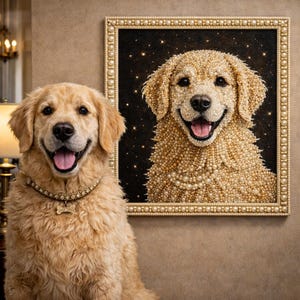 May include: A golden retriever dog with a jeweled collar smiles next to a framed portrait of a dog made of pearls. The portrait is in a gold frame with a black background and star accents. The dog in the image has a happy expression.