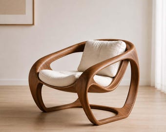 Sculpturale teakbruine houten fauteuil, moderne designfauteuil