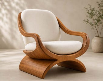 Sculptural Teak Wood Lounge Chair, Modern Japandi Accent Armchair, Cream Upholstery
