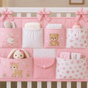 May include: A pink fabric crib organizer featuring multiple pockets with illustrations of a rabbit, a bear, and a deer. The organizer is decorated with star patterns and small bows, and it is attached to the crib slats with pink fabric ties.