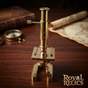 May include: A polished brass microscope featuring a vertical adjustment knob, a flat stage with two metal clips, and a U-shaped base. The text Royal Relics is visible in the bottom right corner, rendered in a gold-colored serif font.