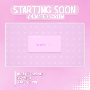 Könnte beinhalten: Ein rosa animierter Bildschirm mit dem Text "STARTING SOON" und "ANIMATED SCREEN" in Weiß. Ein kleineres rosa Fenster zeigt "Starting soon" mit Herzsymbolen an. Der Hintergrund ist ein Muster aus kleinen weißen Herzen.