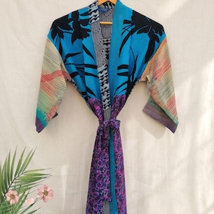 Kimonobadjas met patchwork boho, zijden stofdoek in kantha-stijl, lang festivalvest met gemengde print, strandkleed met kleurrijke bloemen
