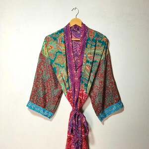 Recycled Silk Sari Kimono Robe: Bohemian Patchwork Loungewear