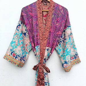 Silk Sari Kimono Robe, Vintage Paisley Patchwork Duster, Boho Long Cardigan, Upcycled Indian Silk Dressing Gown, Unisex Summer Robe