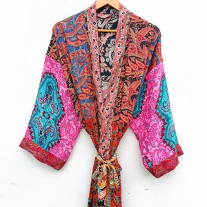 Kasturi Silk Kimono Robe, Vintage Patchwork Duster Jacket, Indian Boho Loungewear