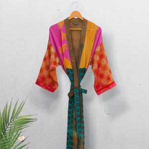 Kimono de seda reciclada estilo sari • Vestido patchwork con bordado Kantha • Abrigo largo estilo boho para festivales