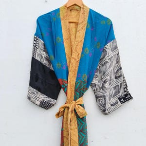 Bata kimono de seda con retazos, gabardina azul estilo boho para festivales, ropa de estar por casa hasta los tobillos