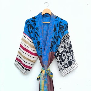 Bata kimono de seda crepé, bata bohemia con patchwork, bata floral hasta los tobillos