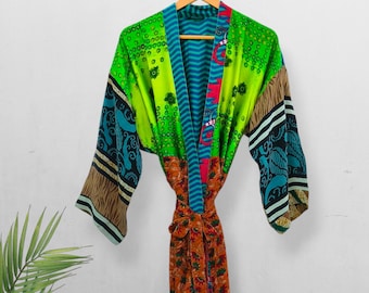 Szlafrok kimono z krepy jedwabnej, długi płaszcz boho, kurtka z jedwabiu sari z recyklingu