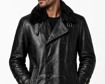 Leren jas Leon S Kennedy, jas van zwarte schapenvacht, op Resident Evil geïnspireerd bikerjack, leren herenjas met dubbele rij knopen, cadeau voor hem