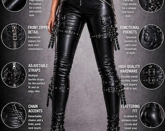 Zwarte gotische leren damesbroek hoge taille punkgesp skinny broek leren motorbroek alternatieve clubwear festivalcadeau voor haar