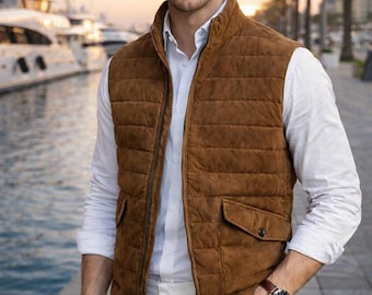 Suède leren vest heren bruin schapenvacht echt leren vest gewatteerd gilet met ritssluiting Cadeau voor hem.