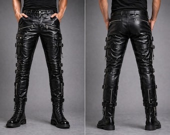 Mannen zwarte gotische leren broek punk biker veters band broek alternatieve moto gesp rits skinny broek festival clubwear cadeau voor hem