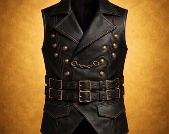 Zwart echt leren herenvest steampunk-cowboyvest – western bikervest – handgemaakte vintage gotische outfit