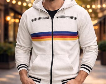 Handgemaakte project Hail Mary Ryan Gosling hoodie met regenboogstreep geïnspireerde rits