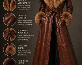 Bruine damesjas van schapenvacht met kraag van imitatiebont Lange trenchcoat Luxe leren jas met riem – warme elegante jas Cadeau voor haar