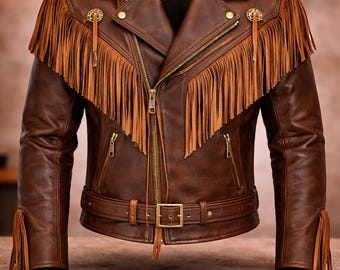 Bruine leren herenjas met franjes, handgemaakte westerncowboyjas, leren jas in bikerstijl, vintage motorjas voor heren