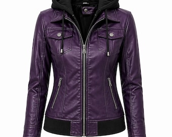 Leren damesjas met zwarte capuchon, bikerjack met capuchon, kunstleer jas met rits, stijlvol casual motorjack, cadeau voor haar