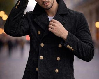Handgemaakte suède herenjas double-breasted jas casual streetwear bovenkleding voor mannen cadeau voor hem