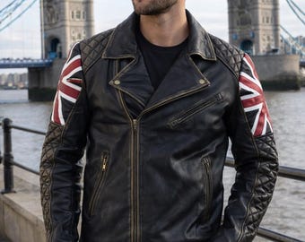 Zwart leren bikerjack voor heren met Union Jack-mouwen – gewatteerde motorjas – Britse vlag Cafe Racer-jas – cadeau voor hem