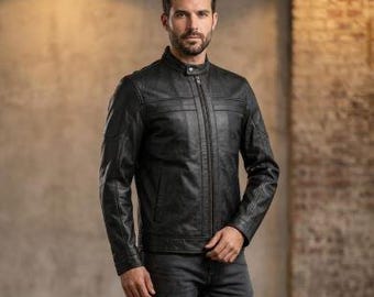 Zwart leren herenjack Lichtgewicht slim fit bikerjack Cafe Racer-stijl motorjas met rits Cadeau voor hem