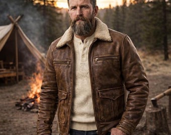 Handgemaakt vintage bruin retro cowboy leren jack met kraag van imitatiebont uit de jaren 1920 Heritage-stijl wasafwerking