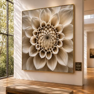 Op de afbeelding: Een groot vierkant wandkunstwerk met een gedetailleerde close-upillustratie van een crèmekleurige dahlia-bloem met symmetrische, gelaagde bloemblaadjes. Het kunstwerk is gevat in een dunne gouden lijst en bevat een klein plaatje met tekst.