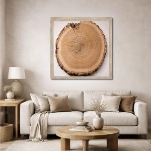 Könnte beinhalten: Ein gerahmtes Kunstwerk zeigt einen Querschnitt eines Baumstamms mit sichtbaren Jahresringen. Es hängt über einem cremefarbenen Sofa mit neutralen Kissen. Ein Holztisch und ein Beistelltisch sind ebenfalls zu sehen.