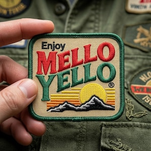 May include: Embroidered patch with the words "Enjoy Mello Yello" in red and green lettering. The patch features a yellow sun setting behind a mountain range. The patch has a tan background and a green border.