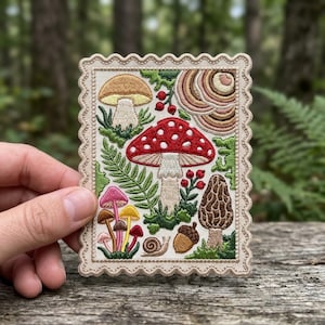 May include: Embroidered patch featuring a variety of mushrooms, including a red and white spotted mushroom, a morel, and several smaller mushrooms. The patch also includes a snail, an acorn, and ferns, all set against a cream-colored background with a scalloped edge.