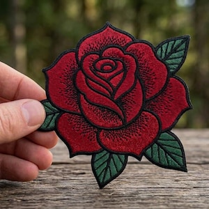 Large Red Rose Embroidered Patch, Traditional Tattoo Style Iron On Patch, Floral Applique for Denim Jackets, Romantic Flower Gift, DIY Decor