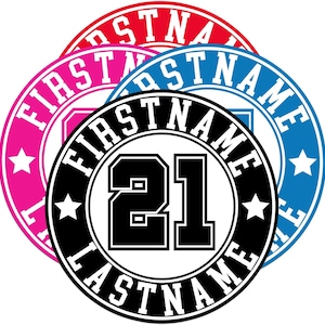 May include: Circular design with the text "FIRSTNAME LASTNAME" and the number "21" in a collegiate style. The design is in black, white, red, pink, and blue, with star accents.