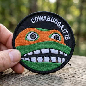 Cowabunga It Is Patch, Funny Turtle Meme Embroidery Iron On, Retro Cartoon Humor Badge, Sarcastic Ninja Gift, Denim Jacket Decor Art Badge