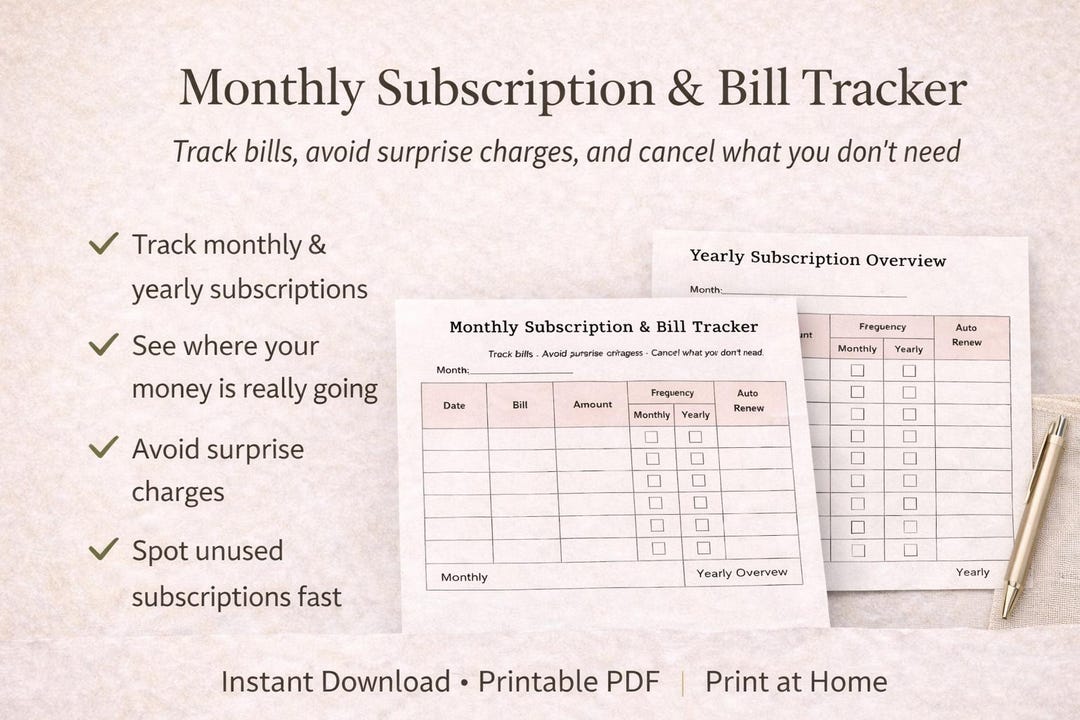Subscription Tracker Printable | Monthly & Yearly Bill Organizer ...