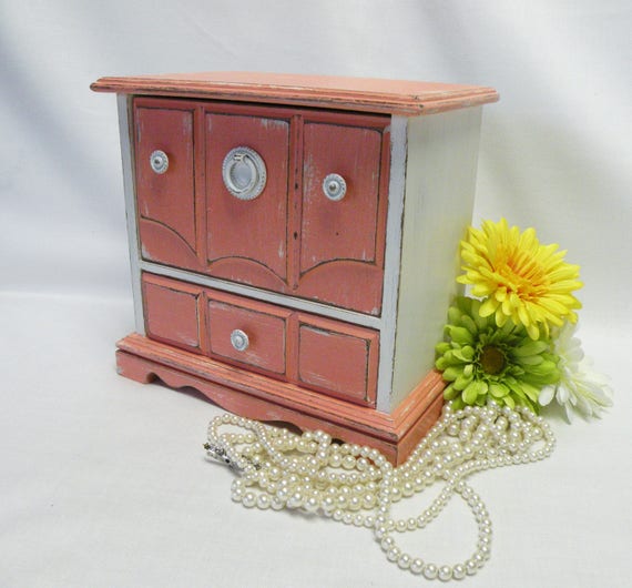 Painted Jewelry Box Vintage Upcycled Salmon And White Painted Jewelry Box Vintage Upcycled