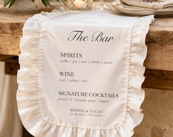 Chemin de menu de bar personnalisé, enseigne de menu de boissons à volants en satin, décoration d'événement personnalisée