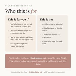 Puede incluir: Un gráfico informativo digital con fondo beige que presenta el texto 'Who this is for' y dos columnas tituladas 'This is for you if' y 'This is not'. Enumera criterios para una guía de desarrollo de aplicaciones, incluyendo una sección sobre MomManager.