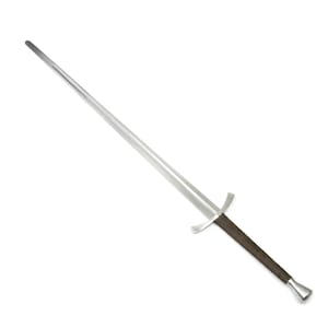 May include: A long, silver sword with a cross-shaped hilt and a dark brown handle. The blade is straight and tapers to a point. The handle has a silver pommel.