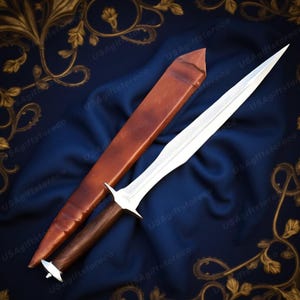 May include: A dagger with a polished steel blade and a dark wooden handle. The dagger is accompanied by a brown leather sheath. The blade is sharp and pointed, and the handle has a textured grip.