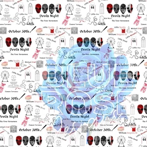 May include: A repeating pattern featuring Halloween-themed illustrations. The design includes masks, Ferris wheels, text that reads "Devils Night" and "October 30th", and other spooky elements. The color palette is primarily black, red, and white.