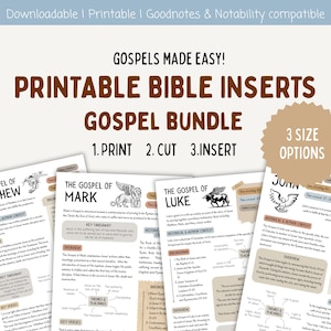 May include: Printable Bible inserts bundle with the text "Gospels Made Easy!" and "Printable Bible Inserts Gospel Bundle." The bundle includes inserts for Matthew, Mark, Luke, and John, with a "3 Size Options" graphic.