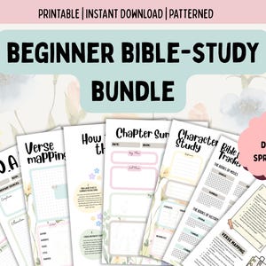 Puede incluir: Un conjunto de páginas imprimibles para el estudio de la Biblia con el texto "BEGINNER BIBLE-STUDY BUNDLE". Las páginas incluyen plantillas para "Verse Mapping", "Chapter Summary" y "Character Study". También se ven las palabras "PRINTABLE", "INSTANT DOWNLOAD" y "PATTERNED".